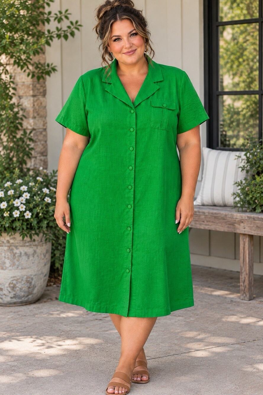 Vtg Cynthia Howie Kelly Green 100% Silk Button Down Shirt Dress size 22W Luxury